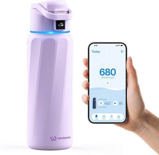 WaterH BOOST - Slimme Waterfles met Herinnering om Water te Drinken & Water Tracker Fles - Dubbelwandige stalen drinkfles - Wijde opening - 946ml - Purple