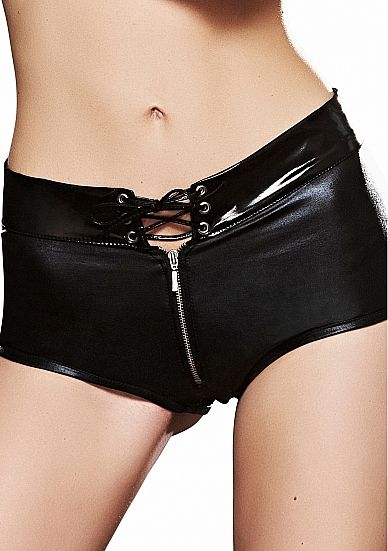 7 Heaven DIZER Wetlook Lace-Up Shorts - Black - L