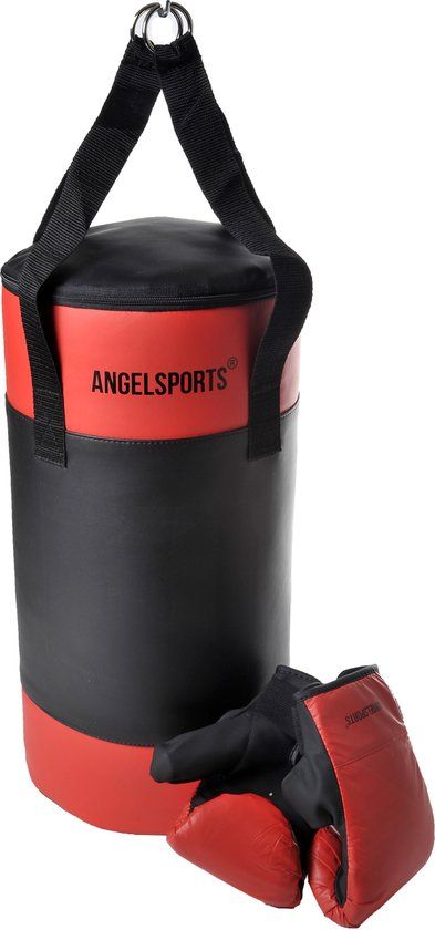 Angel Sports Bokszak met handschoenen - Zwart/Rood - Jeugd - Imitatieleer
