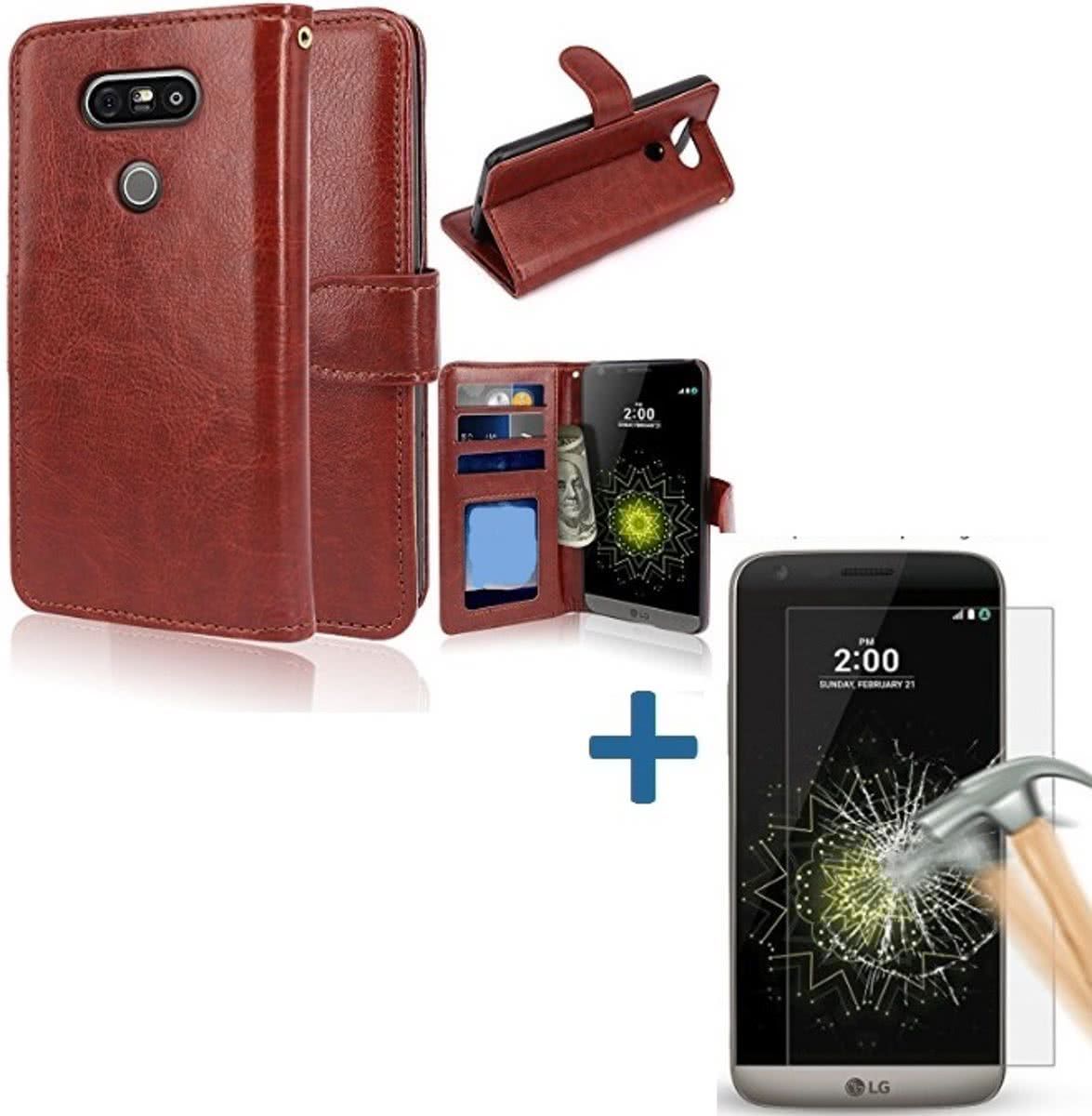 Aml LG G5 Portemonnee hoes bruin met Tempered Glas Screen protector
