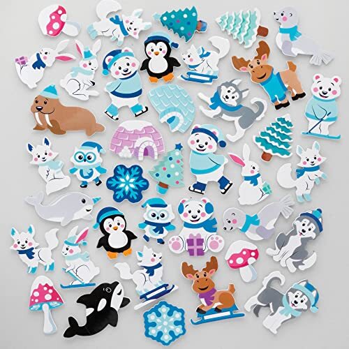 Baker Ross FC268 Arctic pals Glitter Foam Stickers - Pak van 200, Kinder stickers, Ideaal voor Kinder Knutselprojecten, Geweldig voor Kaarten maken en het versieren van een plakboek,gesorteerd