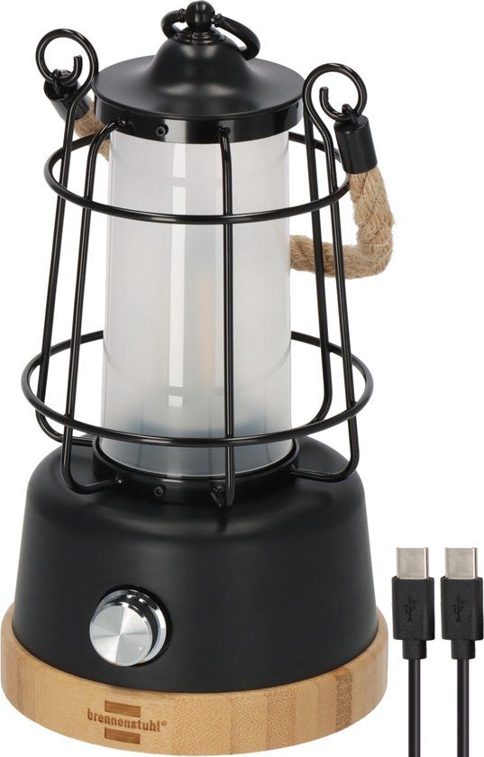 Brennenstuhl Oplaadbare campinglamp CAL 1 AC met henneptouw en bamboevoet (350lm, IP44, brandtijd tot 75h, dimbaar, power bank, instelbare lichtkleur)