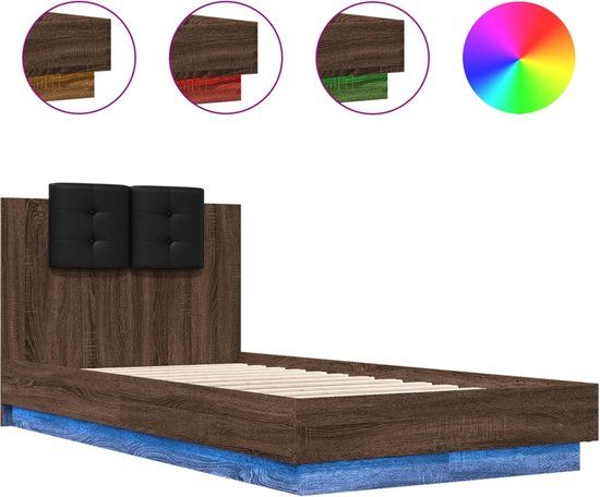 vidaXL Bedframe met hoofdbord en LED bruin eikenkleur 75x190 cm