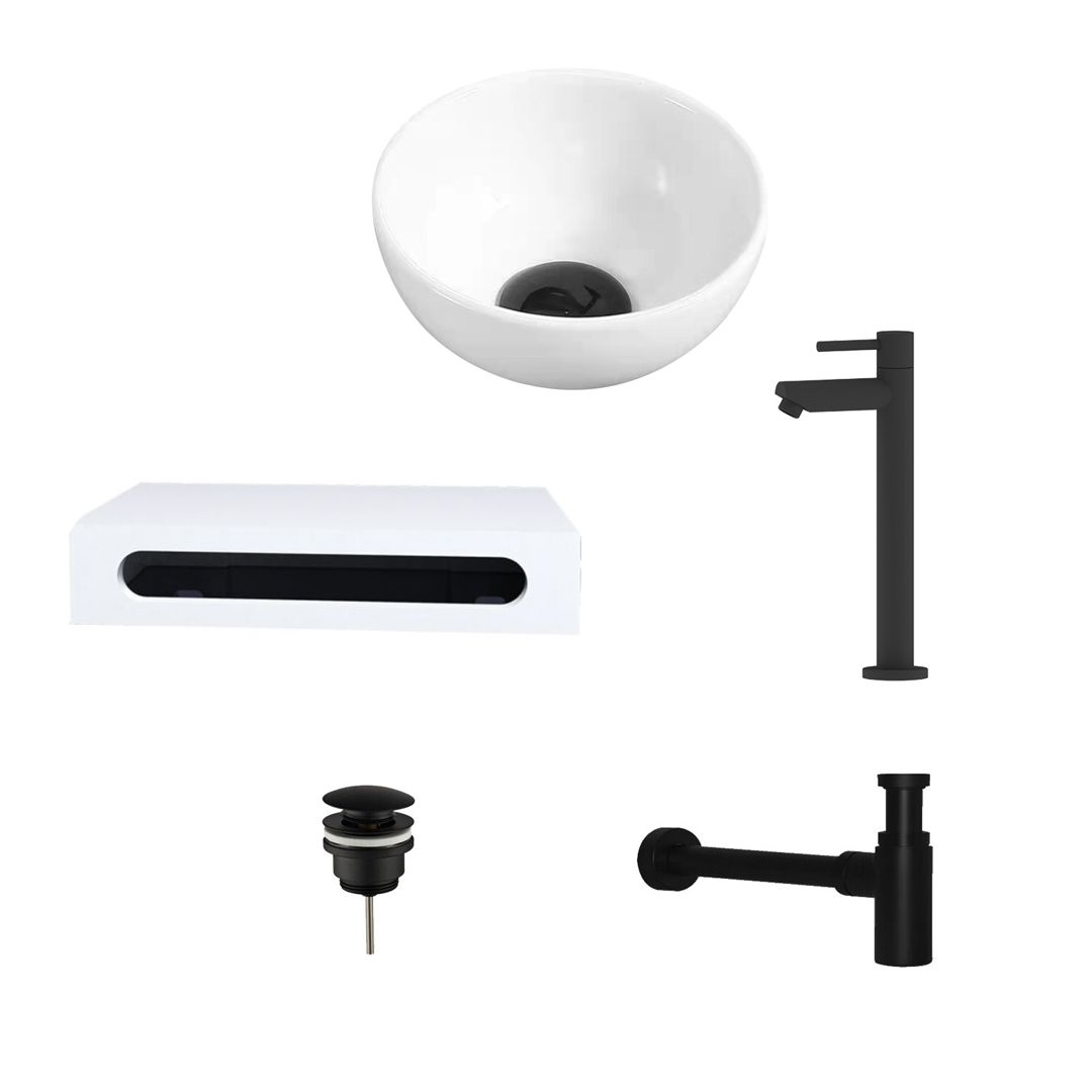 Waskom Keramiek Wit Rond met Planchet, Kraan, Afvoer en Sifon Mat Zwart 40x22x8 cm