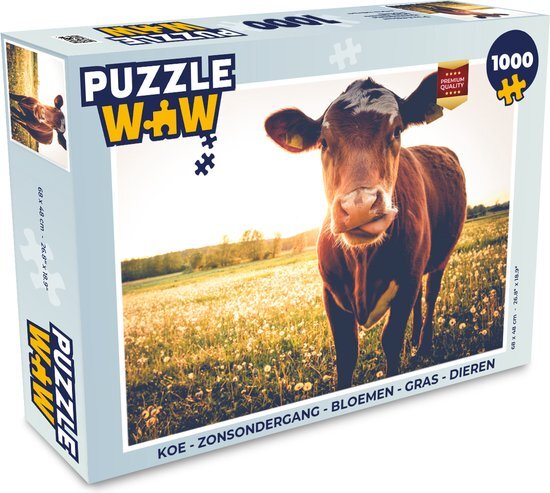 MuchoWow Puzzel Koe - Zonsondergang - Bloemen - Gras - Dieren - Legpuzzel - Puzzel 500 stukjes - Sinterklaas cadeautjes - Sinterklaas voor grote kinderen