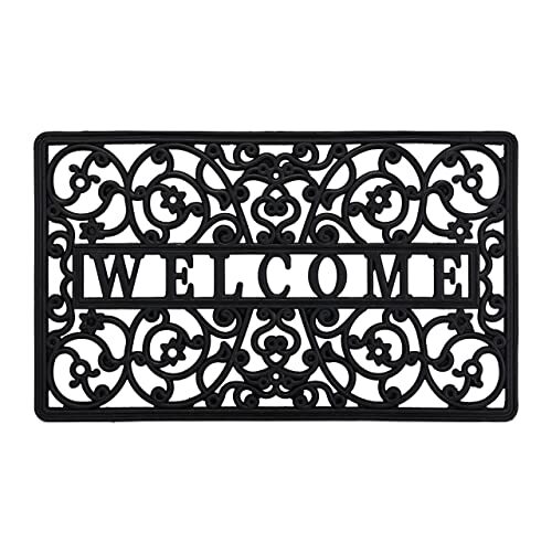 Relaxdays deurmat rubber,75 x 45 cm, opschrift 'welcome', entreemat, antislip, binnen en buiten, sierlijk design, zwart