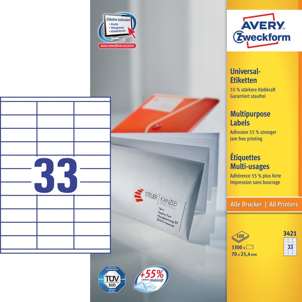 Avery Universele Etiketten - wit - 70 x 25.4 mm - permanent klevend