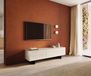 Meuble TV 180 cm Céramique Laminam® Travertino Bianco Crème-blanc 1 Clapet 2 Tiroirs Pied optique flottant Métal Noir
