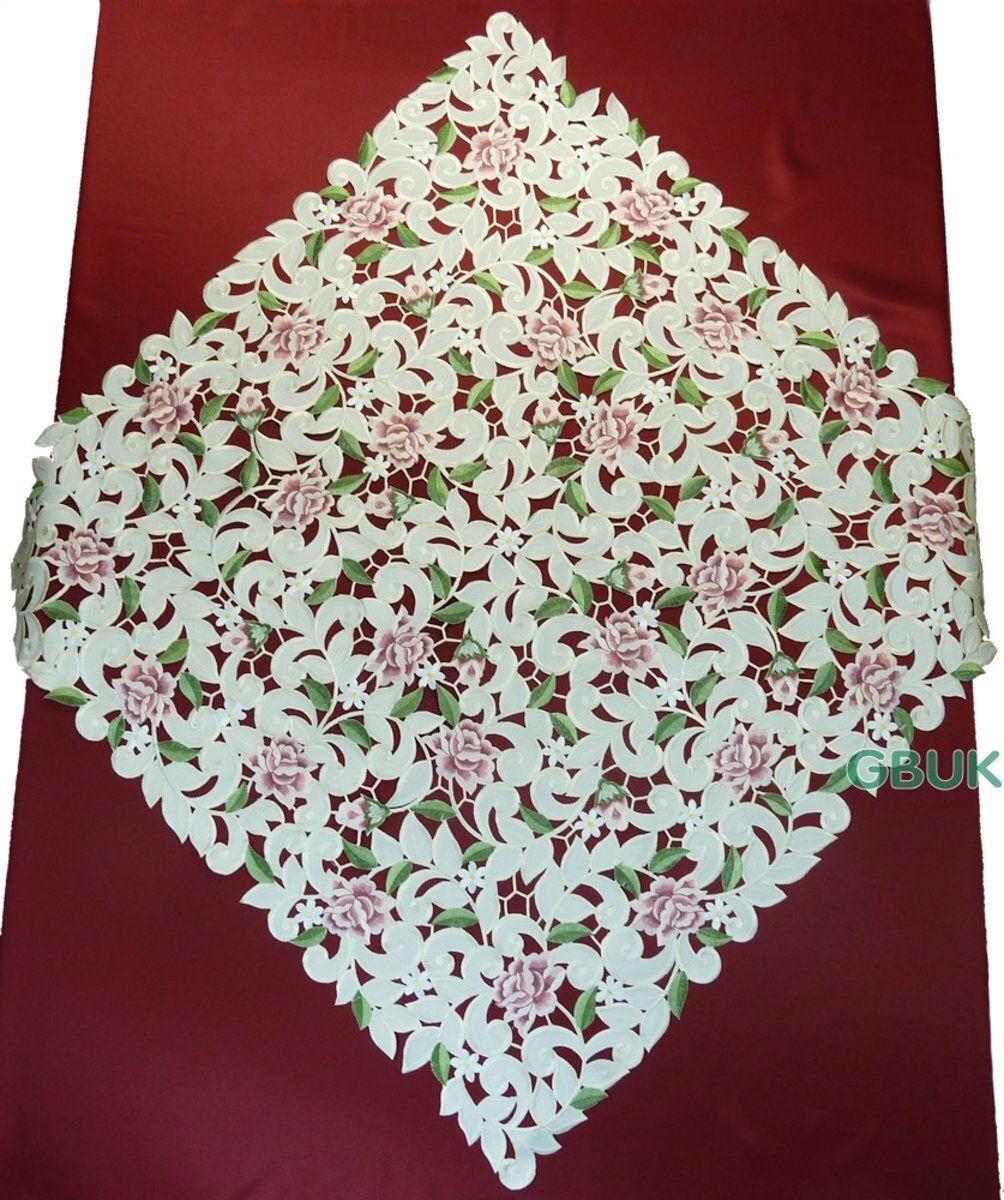 Tafelkleedjes.nl Tafelkleed - Opengewerkt met roze bloem - Vierkant 85 cm - 7662-RSZ