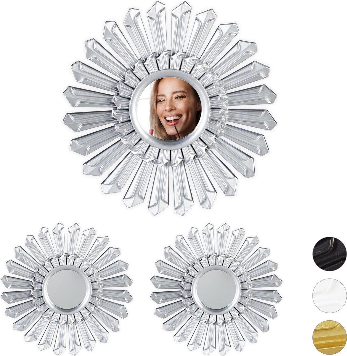 Relaxdays Spiegel Set Zon - Wanddecoratie - Wandspiegel - Rond - 25 cm - Zilver