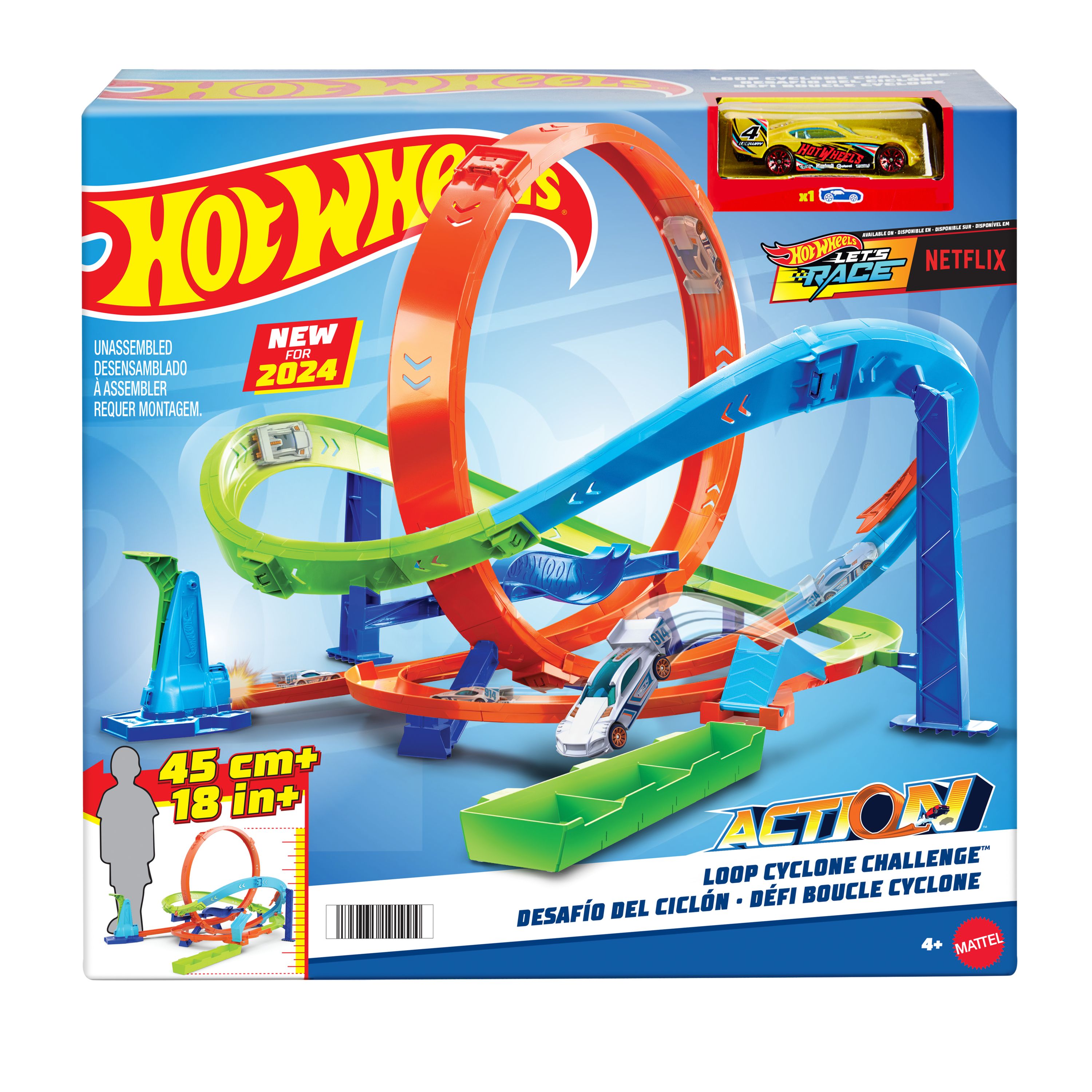 Hot Wheels Action Cycloon-loopingset met speelgoedauto op schaal van 1:64