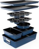 NutriChef Bakvormenset - 8-delige Stapelbare Antiaanbak Bakset, PFOA-Vrij, Ovenbestendig tot 230°C, Voor Taarten, Muffins, Brood, En Meer - Ideaal voor Grote Hoeveelheden Bakken-Blauw