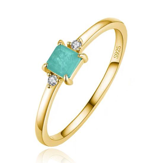 Elenza AMS Elenza Zilveren Ring met Rechthoekige Groene Steen en Zirkonia, Verguld met 18k Gouden Plating-19mm