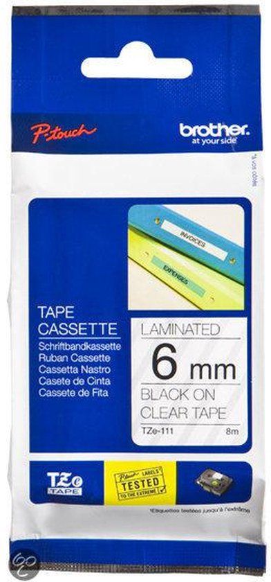 Brother TZE-111 Label Tape - 6mm - Black on Clear - Laminated