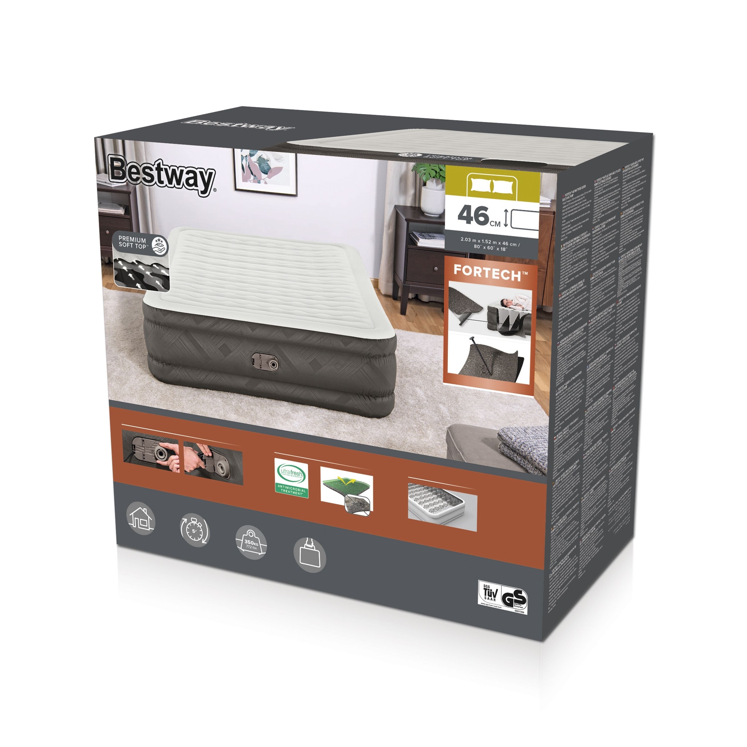 Bestway Fortech Queen Luchtmatras met Ingebouwde Pomp 2,03 m x 1,52 m x 46 cm