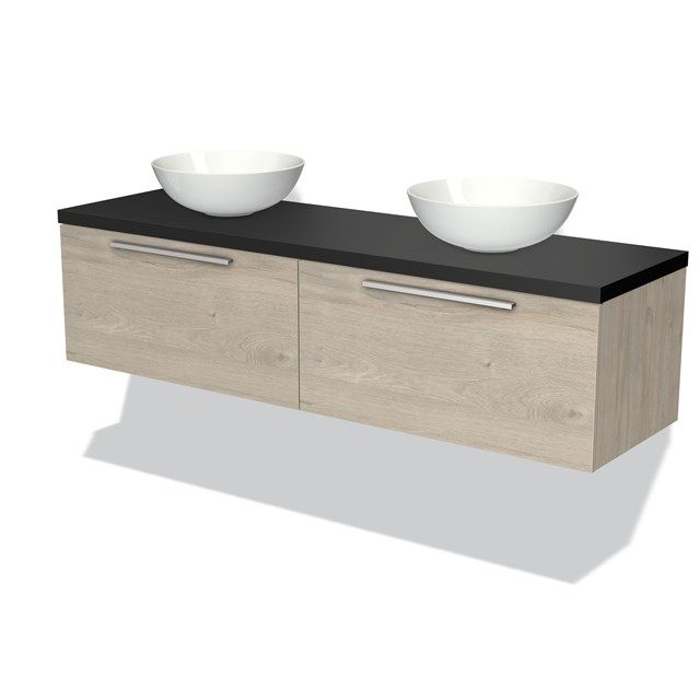 Maxaro Badkamermeubel Modulo Plato 160cm Lichtgrijs Eiken 2 Lades Vlak Mat Zwart Blad