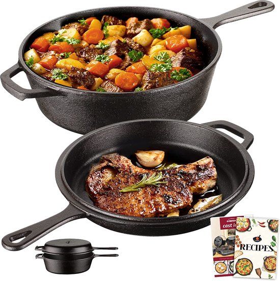 Overmont 2-in-1 Gietijzeren Pan Dutch Oven met Deksel - 3L + 1.4L - Klaar voor Gebruik - Lange Steel - OV009