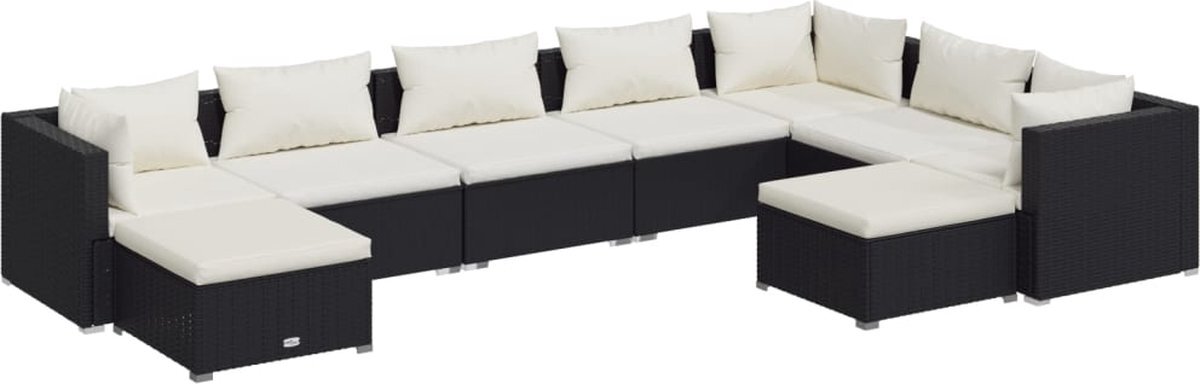 vidaXL 9-delige Loungeset met kussens poly rattan zwart