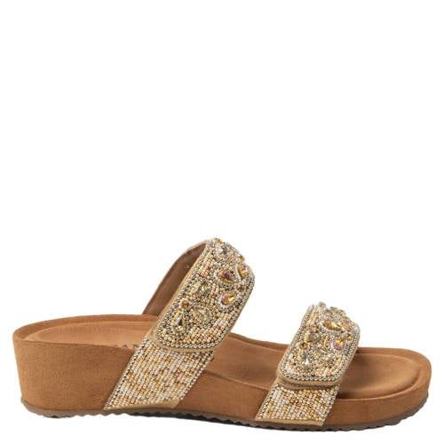 Lazamani Bo suède slippers met kraaltjes beige