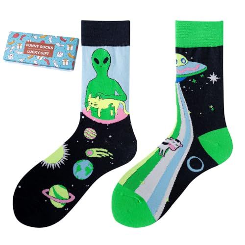 NxnChc Grappige sokken voor dames en heren, uniseks, meerdere patronen, dieren, eten, sport, kunst, katoen, cadeau, asymmetrisch design, links-rechts, Buitenaards wezen