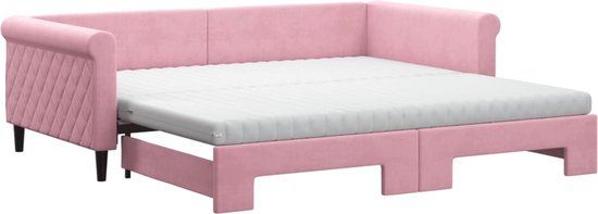 vidaXL Slaapbank met onderschuifbed en matrassen 100x200 cm fluweel roze