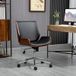 Fauteuil de bureau rétro rembourré, similicuir, bois et acier, 53x60x86-96 cm, noir et brun foncé