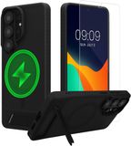 kwmobile Hoesje voor Samsung Galaxy S26 Ultra - Compatibel met MagSafe - Hoesje met standaard en screenprotector van gehard glas - zwart / mat transparant