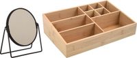 MSV Make-up organizer 9 vaks en luxe spiegel set - 33 x 21 cm - bamboe/metaal - bruin