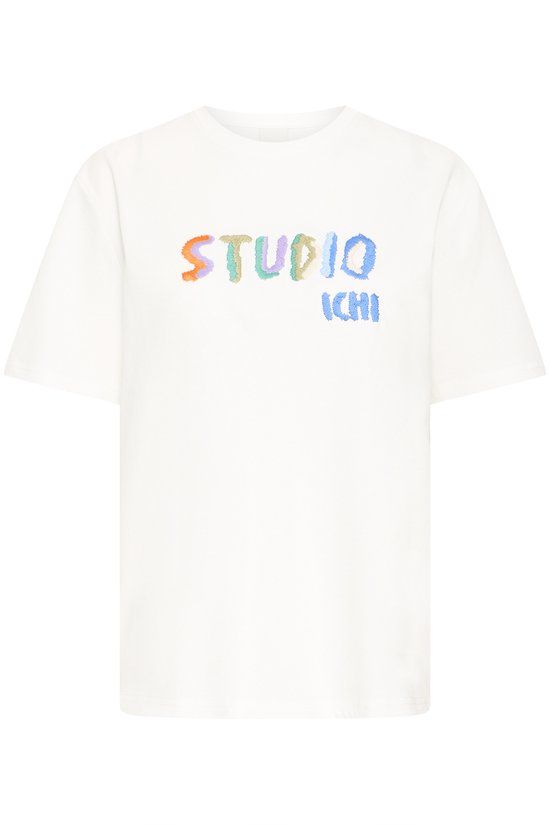 ICHI Dames T-shirt IHRUBBY SS2 Katoen Kort Ronde hals S Cloud Dancer/Multi