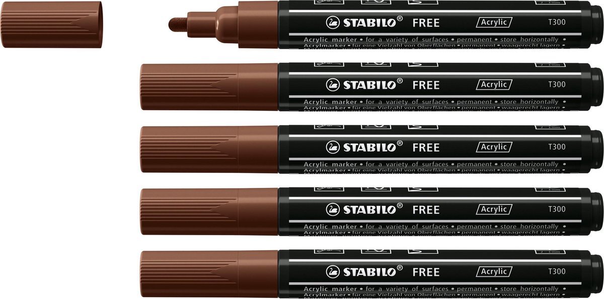 Stabilo FREE - Acryl Marker - T300 - Ronde Punt - 2-3 mm - Bruin - Doos 5 stuks