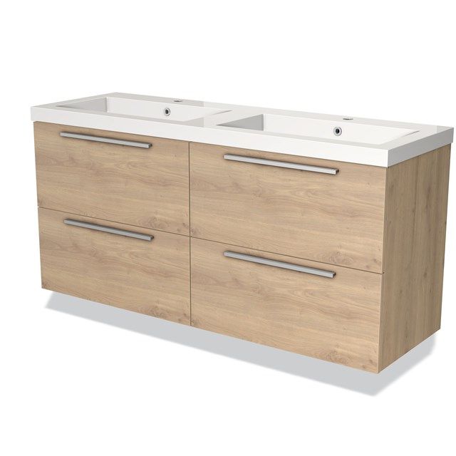 Maxaro Badkamermeubel 140 cm Modulo Lichtbruin Eiken 4 Lades Vlak Wastafel Mineraalmarmer