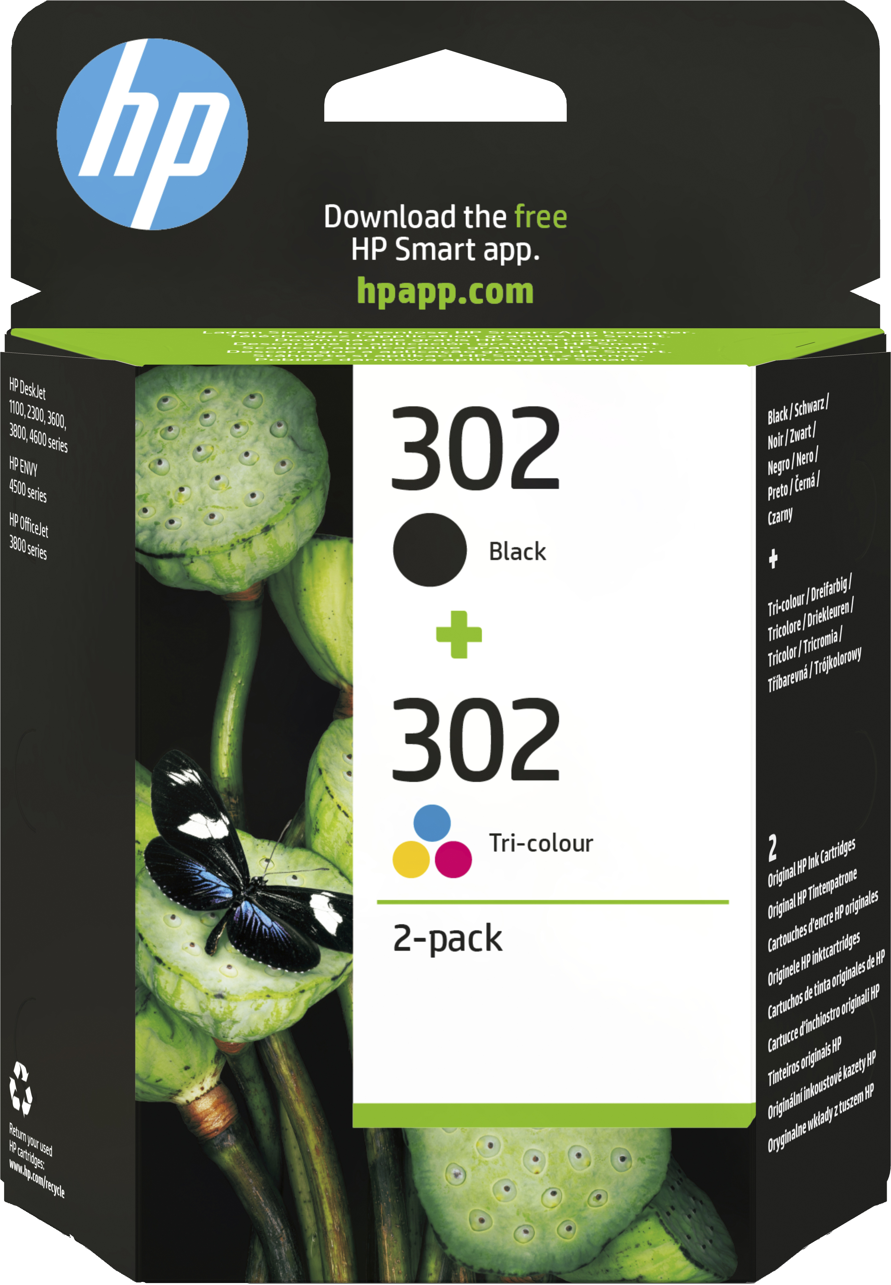 HP 302 originele zwarte/drie-kleuren inktcartridges, 2-pack