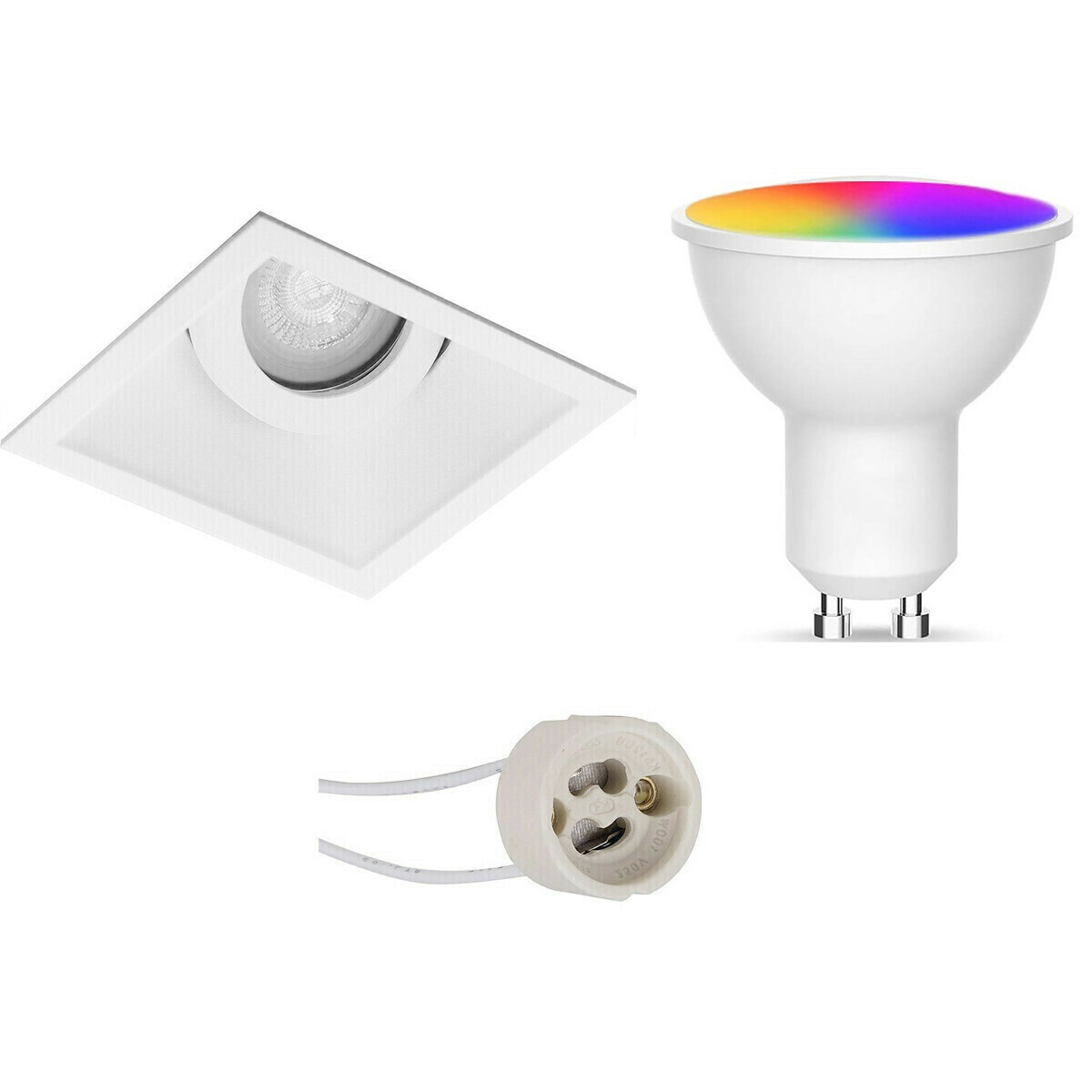 BES LED Voordeelset LED Spot Set GU10 - Facto - Smart LED - Wifi LED - Slimme LED - 5W - RGB+CCT - Aanpasbare Kleur - Dimbaar - Afstandsbediening - Pragmi Zano Pro - Inbouw Vierkant - Mat Wit - Kantelbaar - 93mm
