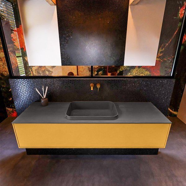 Mondiaz ERIN 150cm badmeubelset onderkast Ocher met 1 lade + Wastafel RIDGE Dark grey