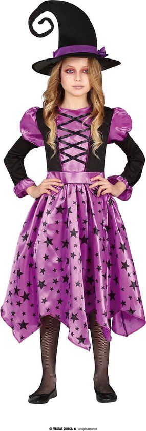 Guirca Heksje Sterre Halloween Kostuum - Meisjes - Paars/Zwart - 7-9 jaar