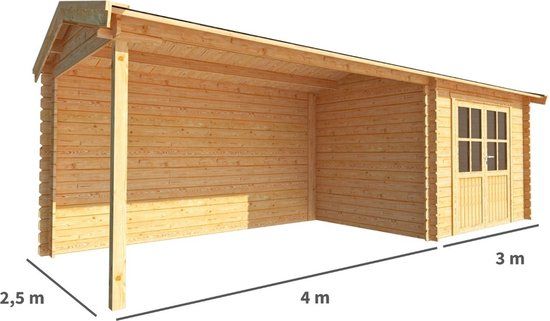 Merkloos Blokhut met overkapping Fenna 700 cm bij 250 cm diep Zadeldak bruin