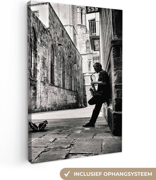 OneMillionCanvasses Canvas Schilderij - Straat Muzikant Zwart Wit - 90x140cm