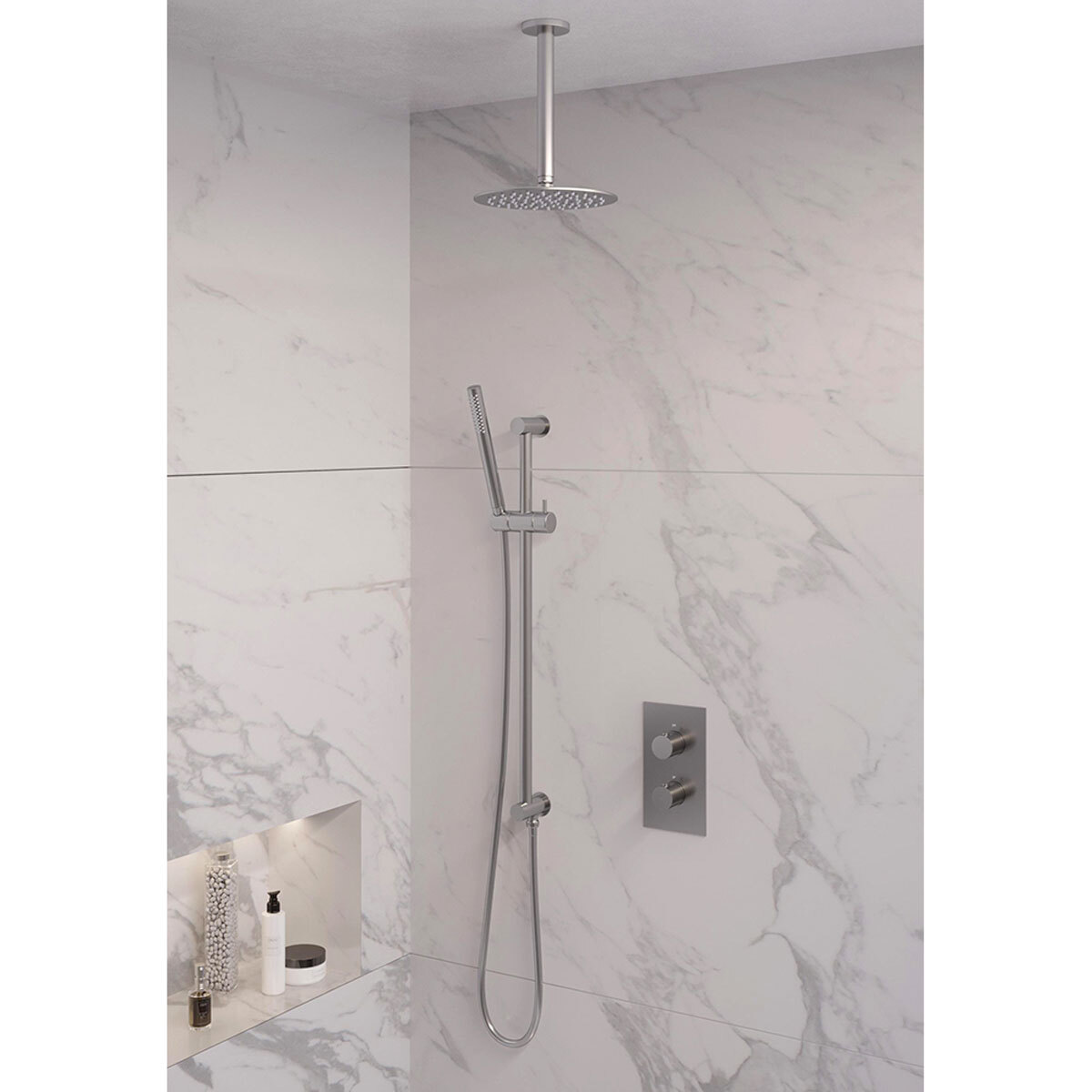 Brauer Regendoucheset 41 Inbouw Muur Brushed Edition 20cm Rond Geborsteld Nikkel PVD 2 Greeps 3-weg met Thermostaatkraan Glijstang en Staafhanddouche