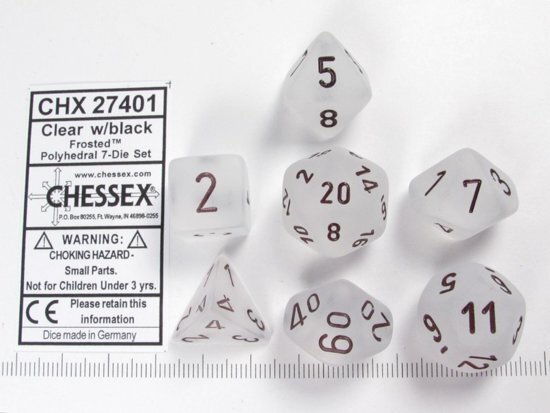 Chessex dobbelstenen set 7 polydice Frosted clear w/black