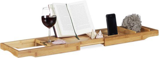 Relaxdays badplank bamboe - badbrug van hout - uitschuifbaar - boekensteun - glashouder