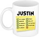 Bellatio Decorations Naam mok Justin - wit - top gozer - keramiek - 300 ml - cadeau collega beker