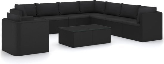 vidaXL 10-delige Loungeset met kussens poly rattan zwart