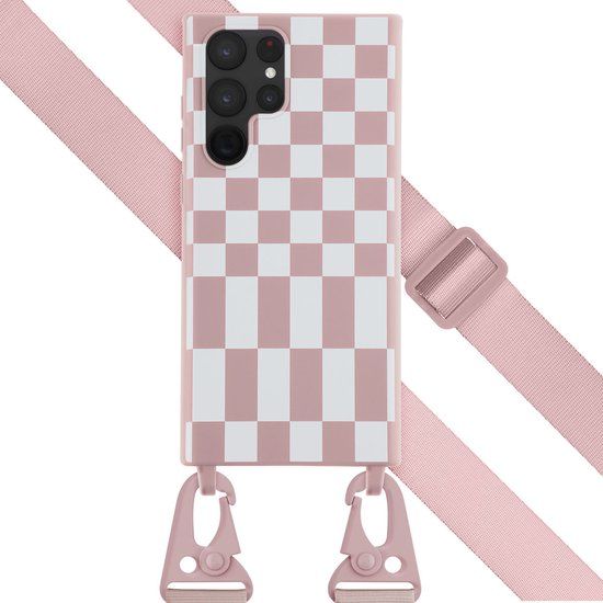 Selencia Hoesje Samsung Galaxy S22 Ultra - Siliconen Design Hoesje met Koord - Roze / Irregular Check Sand Pink