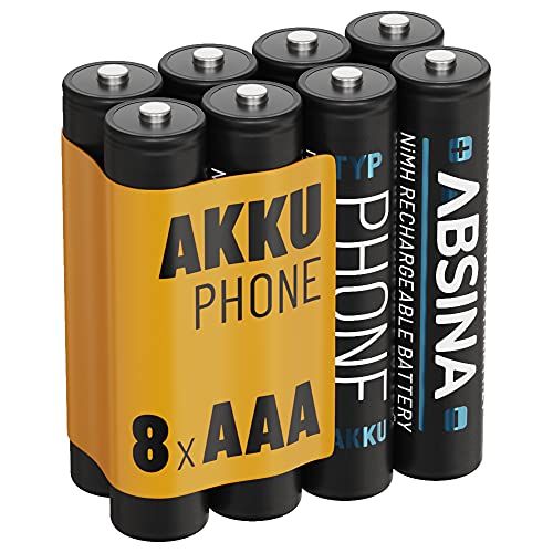 ABSINA Batterij AAA voor telefoon 800 mAh - 8X NiMH oplaadbare Micro AAA batterij met 1,2V - AAA batterijen voor DECT telefoon draadloos, draadloze telefoon, huistelefoon - batterijen AAA
