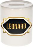 Bellatio Decorations Spaarpot met voornaam Leonard - wit - met goud/zwart embleem - 8 x 9 cm - keramiek - met afsluitdop - cadeau verjaardag