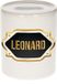 Bellatio Decorations Spaarpot met voornaam Leonard - wit - met goud/zwart embleem - 8 x 9 cm - keramiek - met afsluitdop - cadeau verjaardag