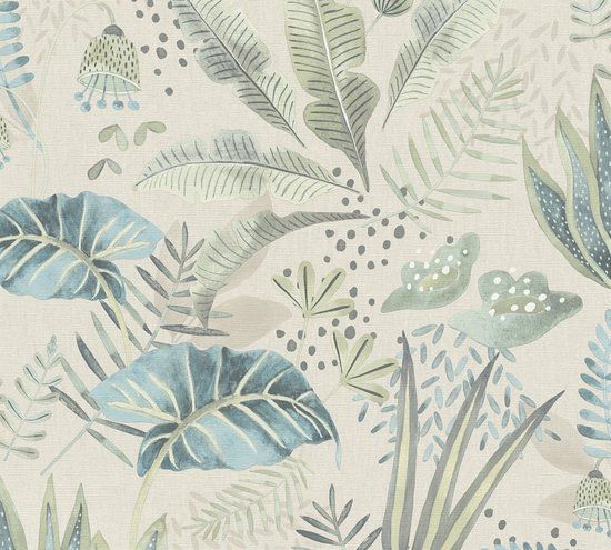 Living Walls Speelse Bladeren Behang | Botanisch - Beige Groen Blauw - Vliesbehang - 10,05 m x 0,53 m