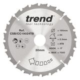 Trend Wood CSB/CC19024T Accu-verstekzaagblad, diameter 190 mm, 20 mm boring, 24 tanden, 1,9 mm snijvoeg, -5° haak, TCT, gemiddeld oppervlak