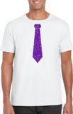 Bellatio Decorations Shoppartners Bv Wit fun t-shirt stropdas met paarse glitters heren - Themafeest/feest kleding XXL