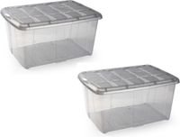 Plasticforte Opslagbak Organizers met Deksel - 2x - Transparant/Grijs - 60 Liter - Kunststof